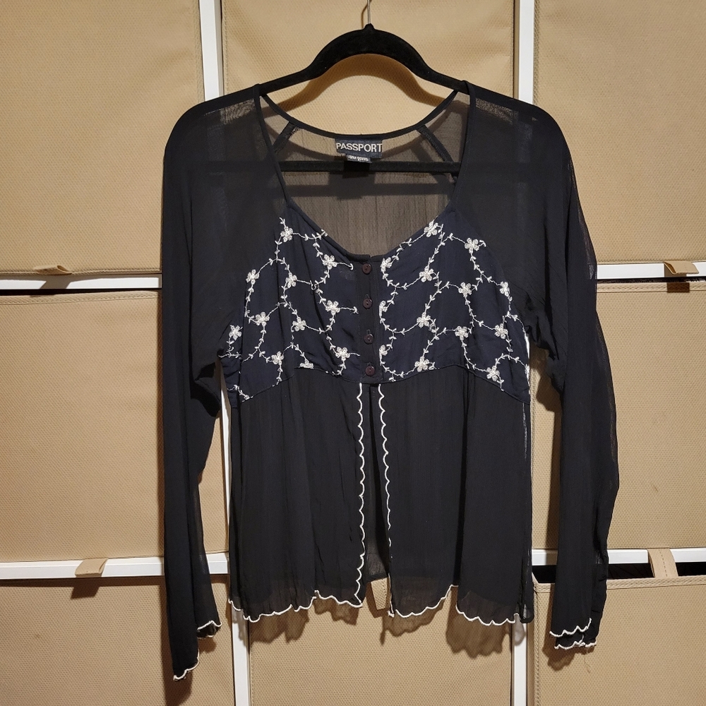 Passport Sheer Black with White Embroidered Bodice & Edges Long Sleeve Crop Top